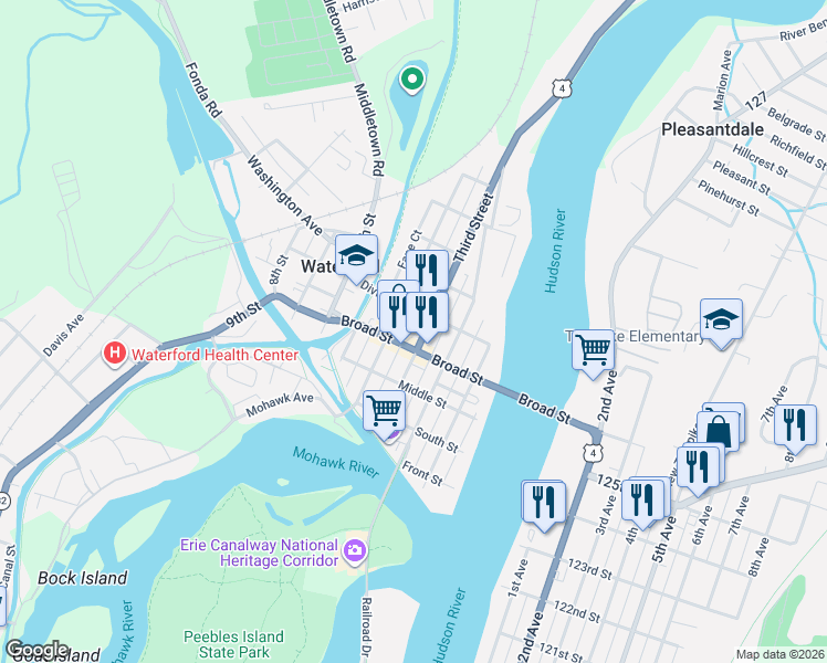 map of restaurants, bars, coffee shops, grocery stores, and more near 49 Broad Street in Waterford
