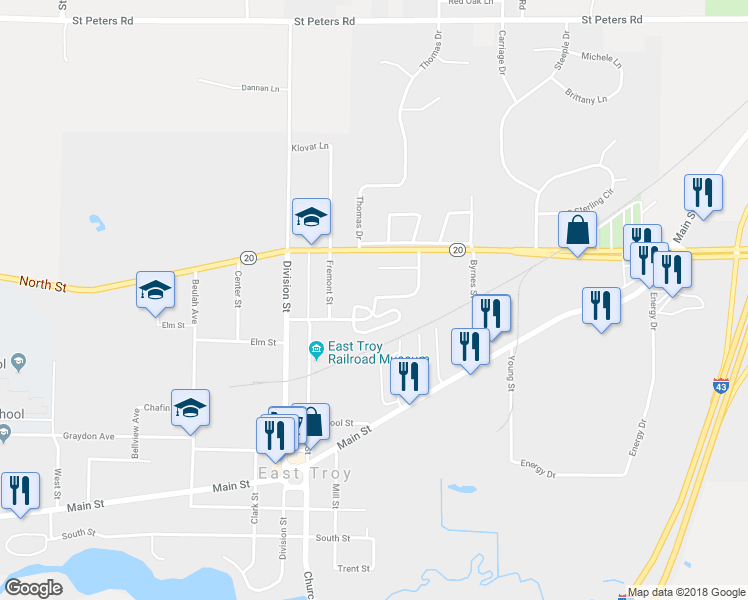 map of restaurants, bars, coffee shops, grocery stores, and more near 1912 Edwards Street in East Troy