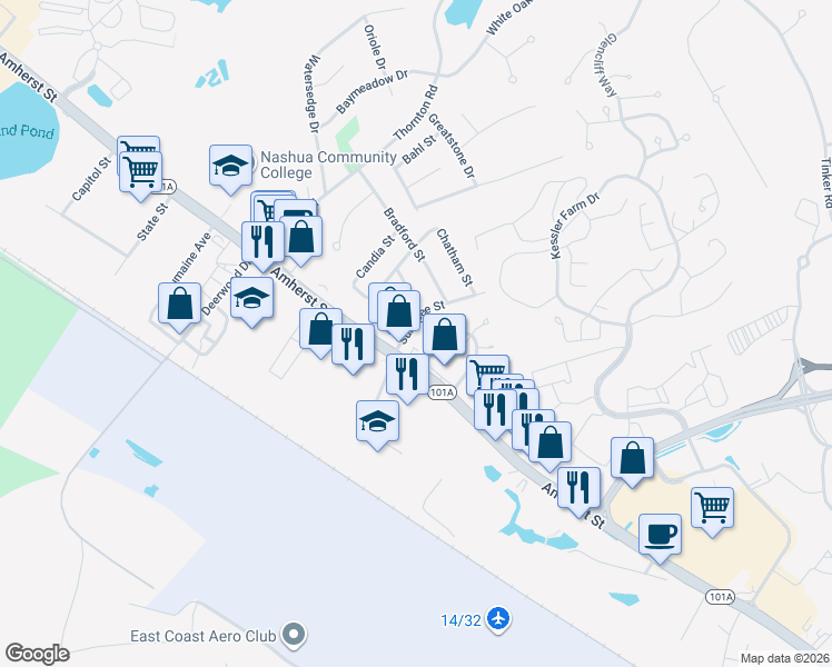 map of restaurants, bars, coffee shops, grocery stores, and more near 8 Sunapee Street in Nashua