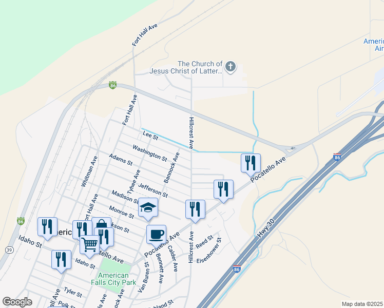 map of restaurants, bars, coffee shops, grocery stores, and more near 434 Lee Street in American Falls
