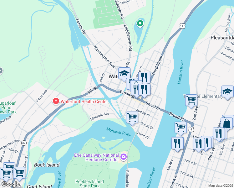 map of restaurants, bars, coffee shops, grocery stores, and more near 112 Broad Street in Waterford