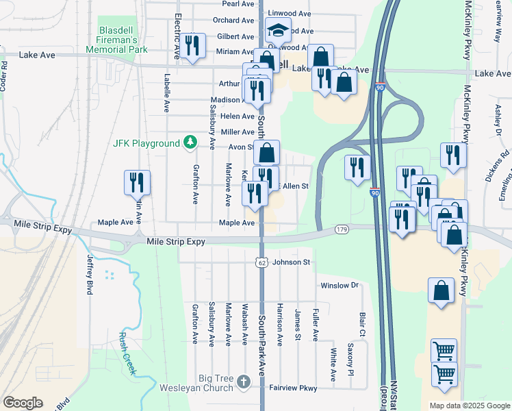 map of restaurants, bars, coffee shops, grocery stores, and more near 3918 South Park Avenue in Buffalo