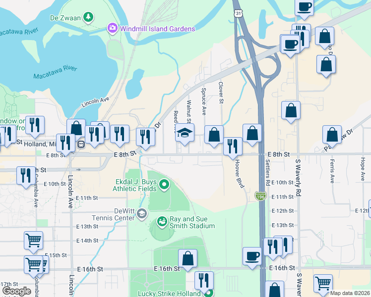map of restaurants, bars, coffee shops, grocery stores, and more near 442 East 8th Street in Holland