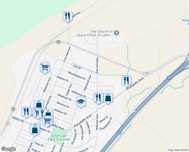 map of restaurants, bars, coffee shops, grocery stores, and more near 434 Lee Street in American Falls