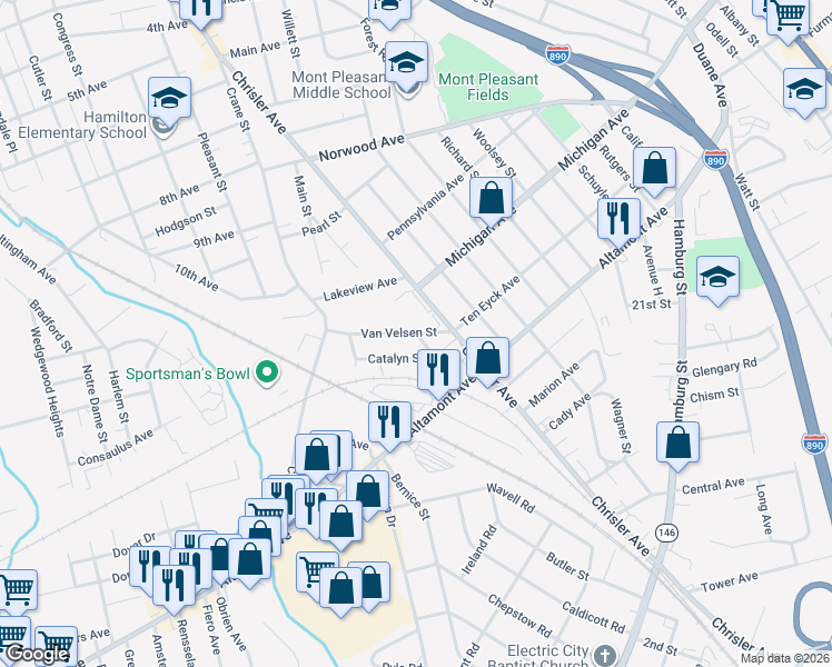 map of restaurants, bars, coffee shops, grocery stores, and more near Van Velsen St & Brower St in Schenectady