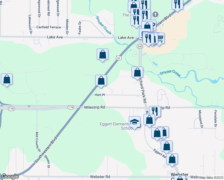 map of restaurants, bars, coffee shops, grocery stores, and more near 54 Hart Place in Orchard Park