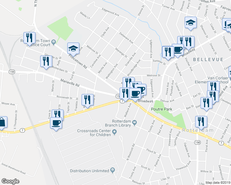map of restaurants, bars, coffee shops, grocery stores, and more near 333 Princetown Road in Rotterdam