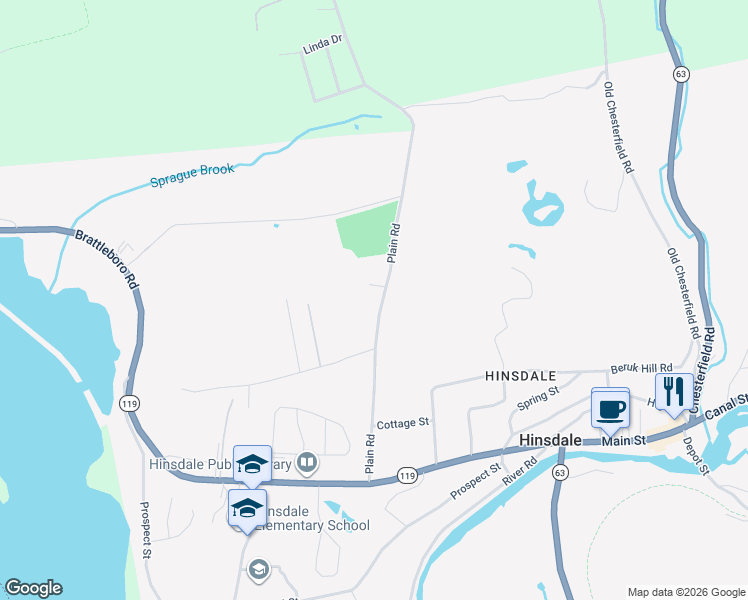 map of restaurants, bars, coffee shops, grocery stores, and more near 76 Plain Road in Hinsdale