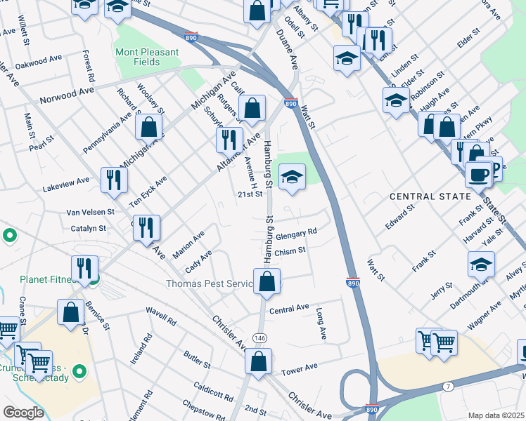 map of restaurants, bars, coffee shops, grocery stores, and more near 1850 Hamburg Street in Schenectady