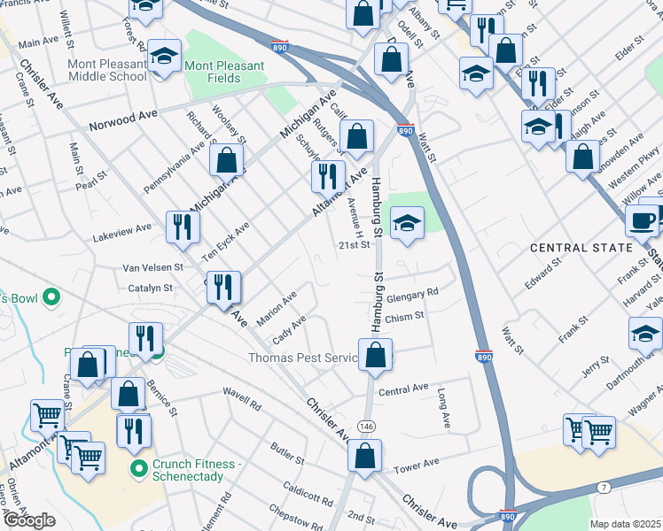 map of restaurants, bars, coffee shops, grocery stores, and more near 1751 Saint Mary South Lane in Schenectady