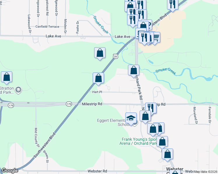 map of restaurants, bars, coffee shops, grocery stores, and more near 54 Hart Place in Orchard Park