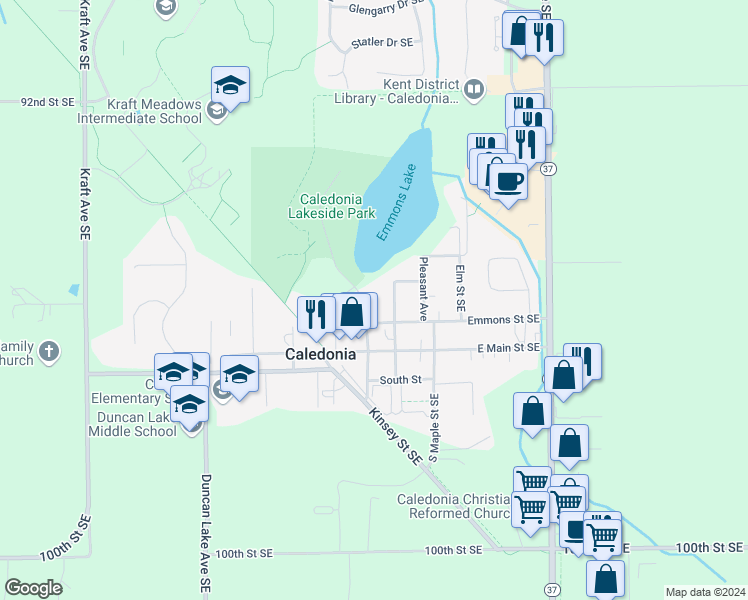 map of restaurants, bars, coffee shops, grocery stores, and more near 39 Nate Dr. in Caledonia