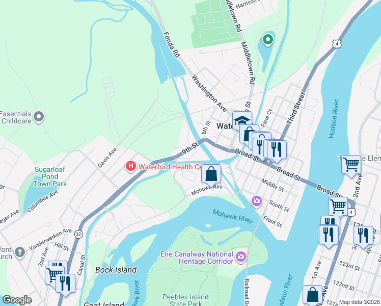 map of restaurants, bars, coffee shops, grocery stores, and more near 6 8th Street in Waterford