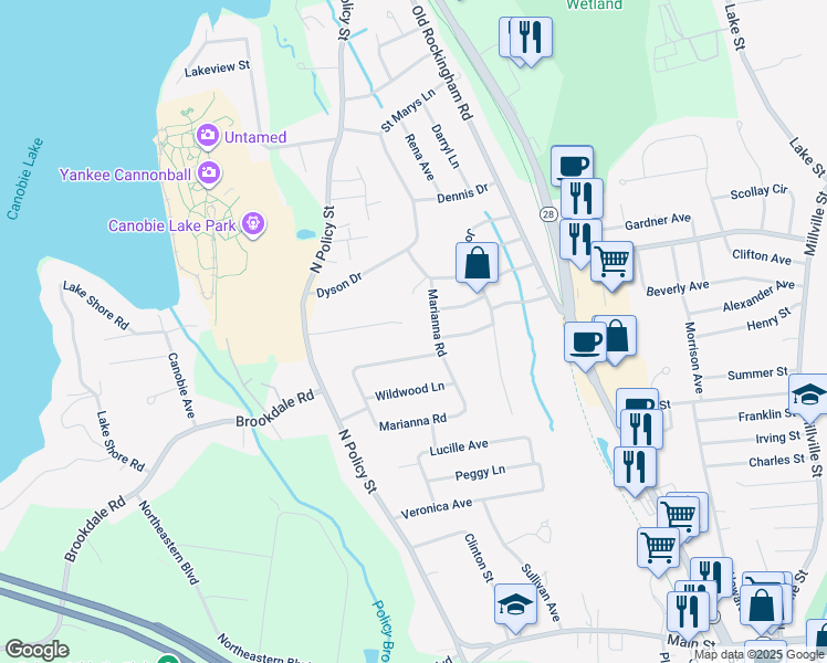 map of restaurants, bars, coffee shops, grocery stores, and more near 25 Longwood Road in Salem