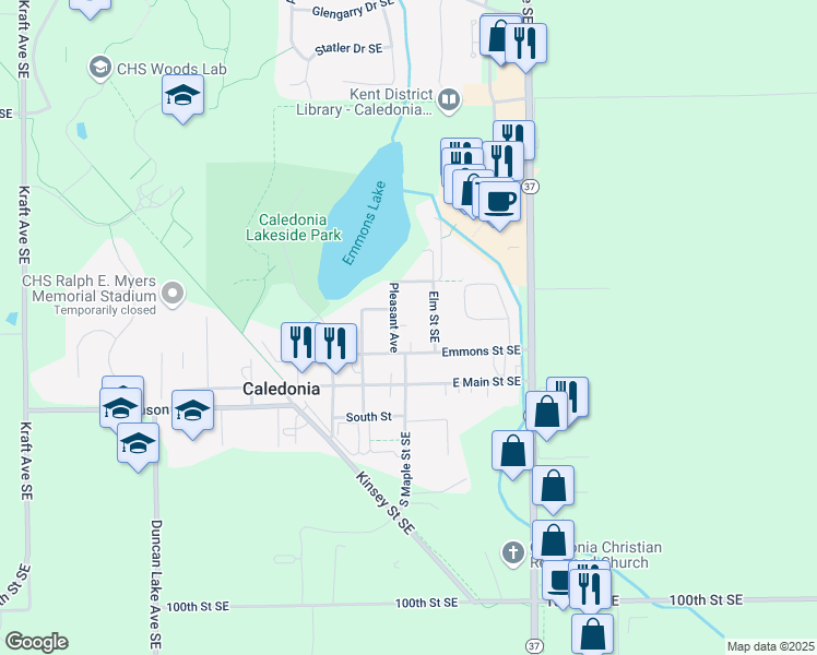 map of restaurants, bars, coffee shops, grocery stores, and more near 401 Emmons Street Southeast in Caledonia
