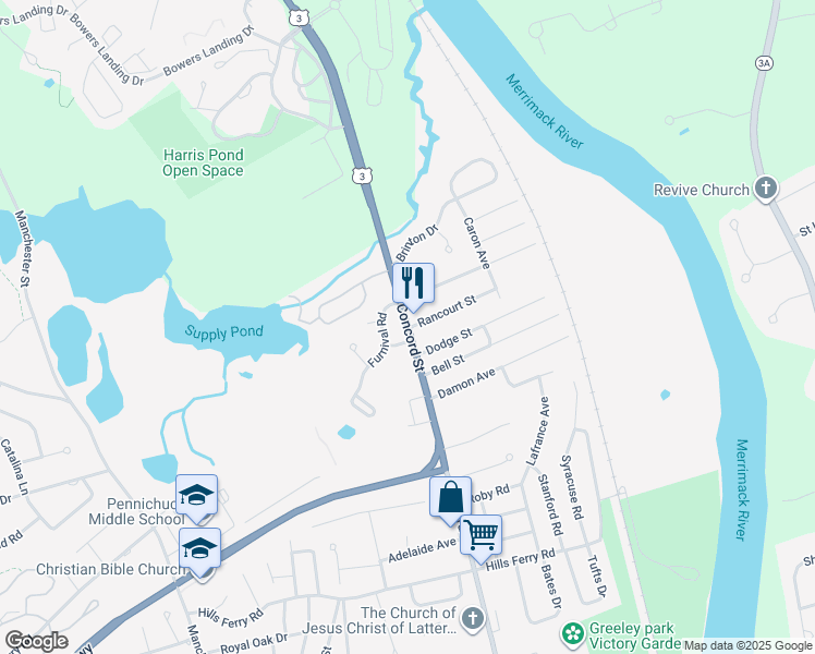 map of restaurants, bars, coffee shops, grocery stores, and more near 188 Concord Street in Nashua