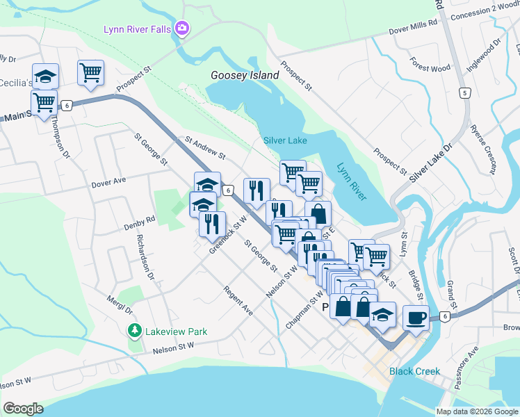 map of restaurants, bars, coffee shops, grocery stores, and more near 622 Main Street in Port Dover