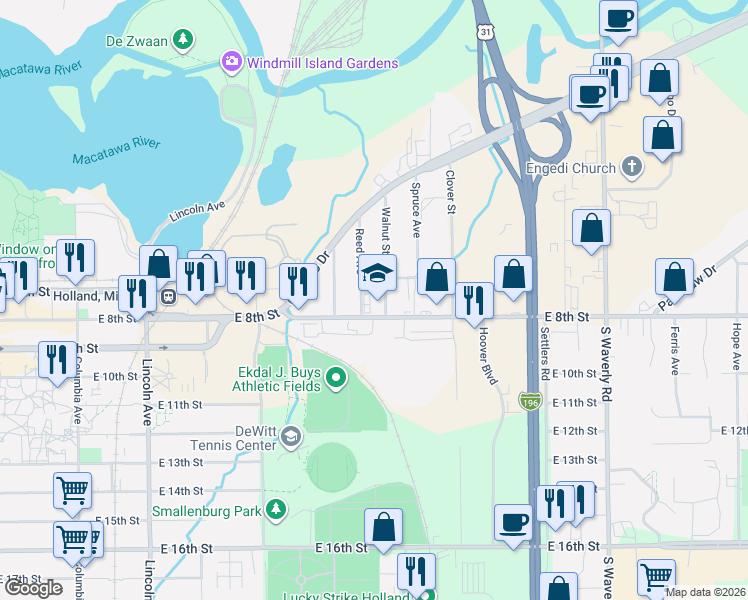 map of restaurants, bars, coffee shops, grocery stores, and more near 442 East 8th Street in Holland