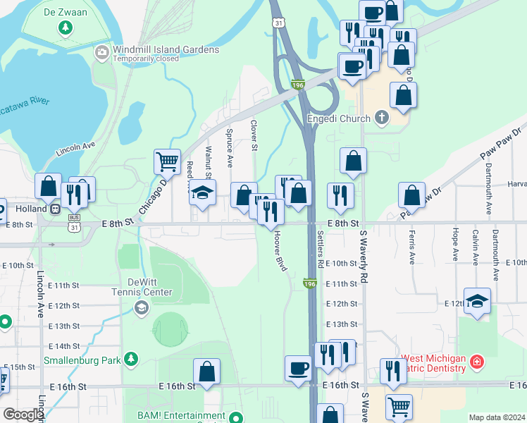 map of restaurants, bars, coffee shops, grocery stores, and more near 545 East 8th Street in Holland