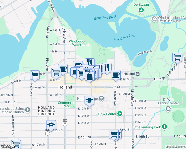 map of restaurants, bars, coffee shops, grocery stores, and more near 61 East 8th Street in Holland