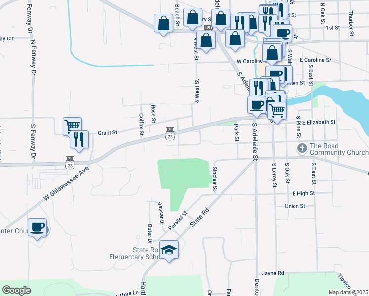 map of restaurants, bars, coffee shops, grocery stores, and more near 609 West Rockwell Street in Fenton
