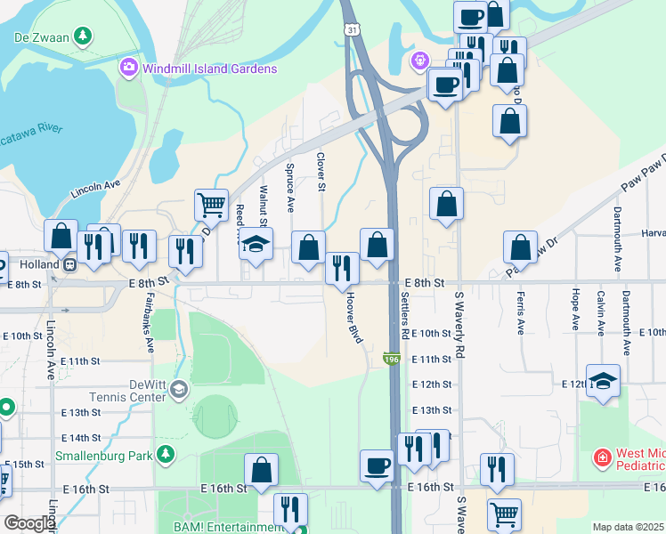 map of restaurants, bars, coffee shops, grocery stores, and more near 545 East 8th Street in Holland