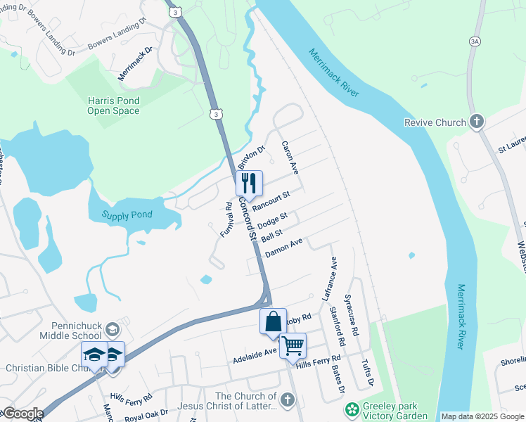 map of restaurants, bars, coffee shops, grocery stores, and more near 6 Dodge Street in Nashua