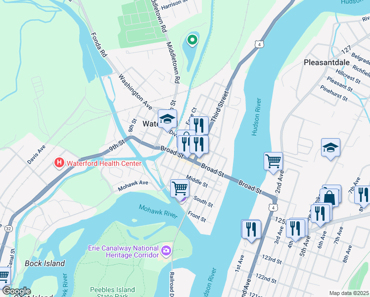 map of restaurants, bars, coffee shops, grocery stores, and more near 49 Broad Street in Waterford