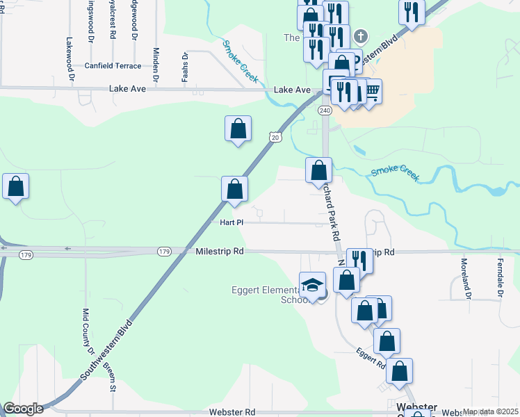 map of restaurants, bars, coffee shops, grocery stores, and more near 54 Hart Place in Orchard Park
