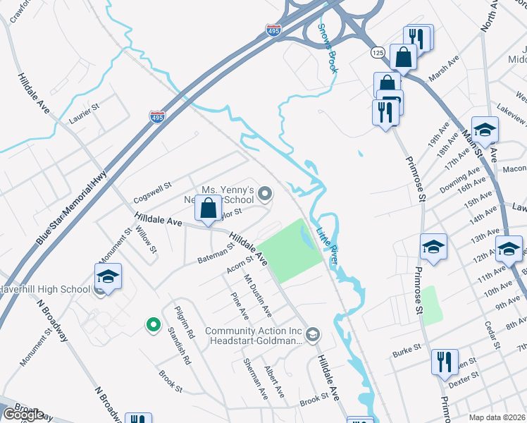 map of restaurants, bars, coffee shops, grocery stores, and more near 39 Saint Botolph Street in Haverhill