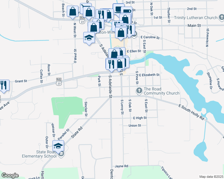 map of restaurants, bars, coffee shops, grocery stores, and more near 119 West Rockwell Street in Fenton