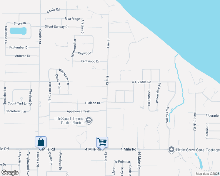 map of restaurants, bars, coffee shops, grocery stores, and more near 5404 Erie Street in Racine