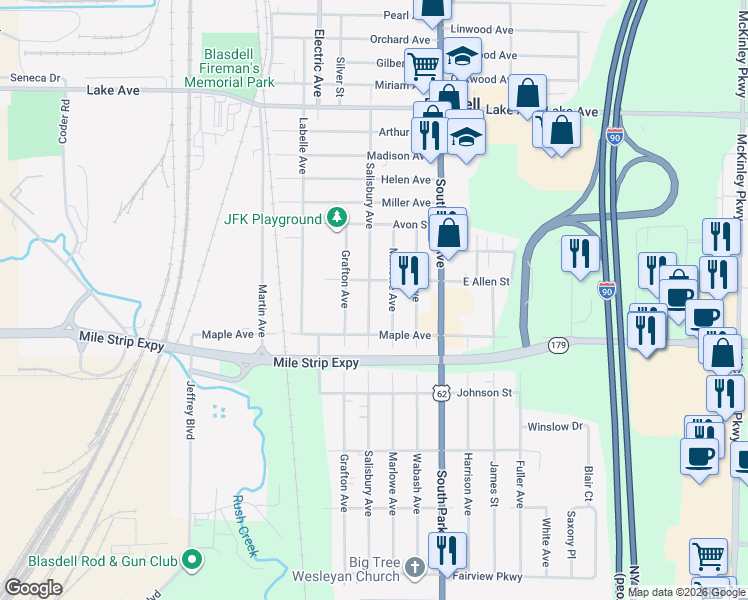 map of restaurants, bars, coffee shops, grocery stores, and more near 88 Salisbury Avenue in Buffalo