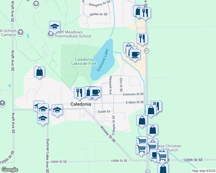 map of restaurants, bars, coffee shops, grocery stores, and more near 401 Emmons Street Southeast in Caledonia