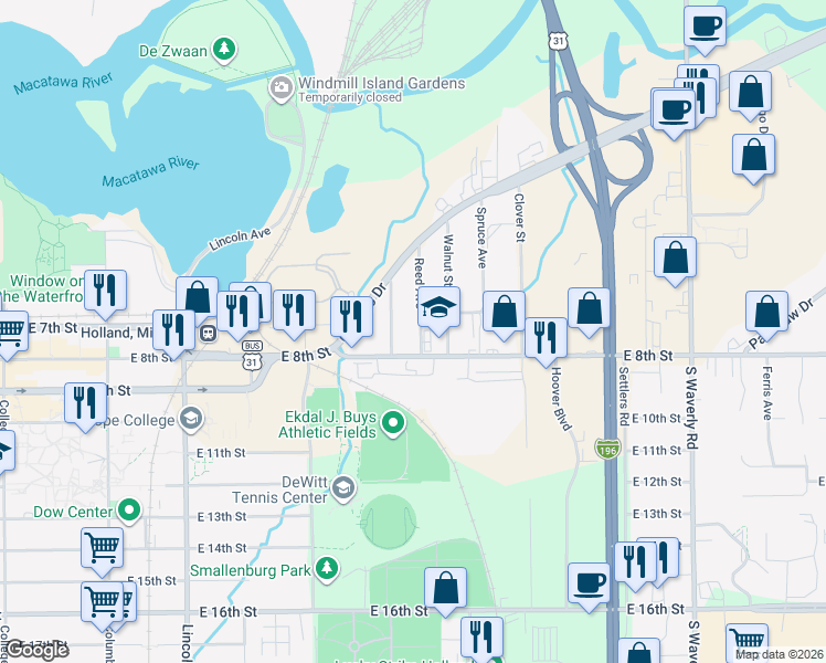 map of restaurants, bars, coffee shops, grocery stores, and more near 442 East 8th Street in Holland