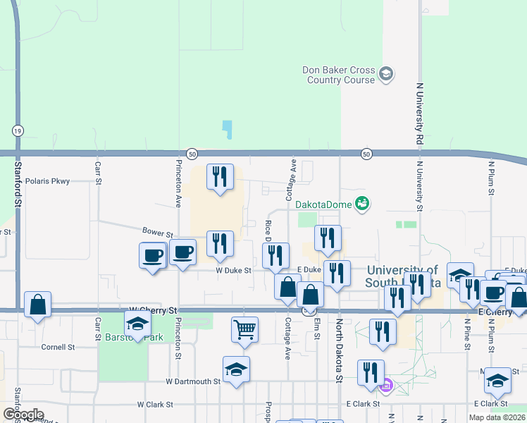 map of restaurants, bars, coffee shops, grocery stores, and more near 1100 Rice Drive in Vermillion