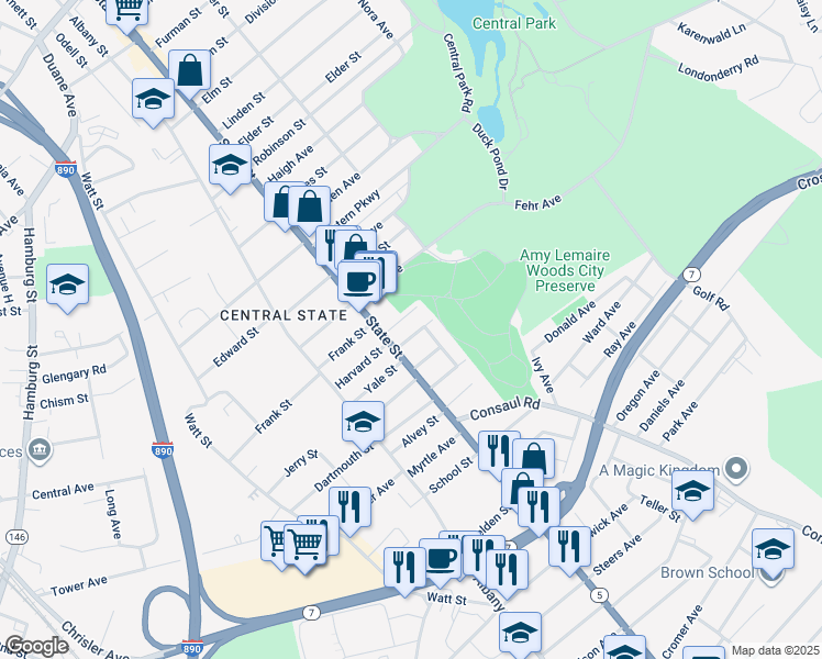 map of restaurants, bars, coffee shops, grocery stores, and more near 23 Vassar Street in Schenectady