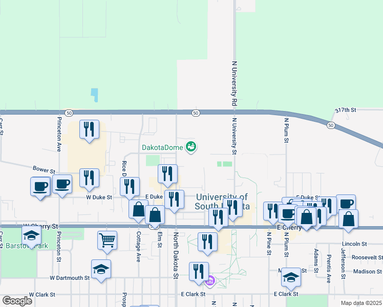 map of restaurants, bars, coffee shops, grocery stores, and more near 1101 North Dakota Street in Vermillion