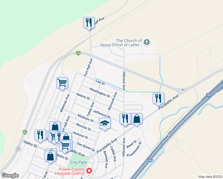 map of restaurants, bars, coffee shops, grocery stores, and more near 384 Washington Street in American Falls