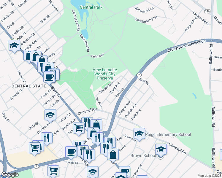 map of restaurants, bars, coffee shops, grocery stores, and more near 174 Ward Avenue in Schenectady