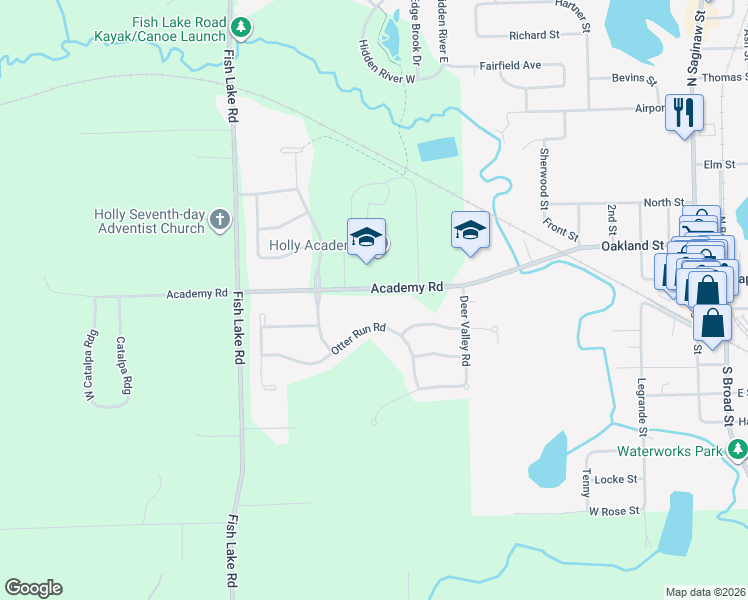 map of restaurants, bars, coffee shops, grocery stores, and more near 445 Otter Run Road in Holly
