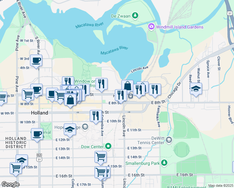 map of restaurants, bars, coffee shops, grocery stores, and more near 157 Columbia Avenue in Holland