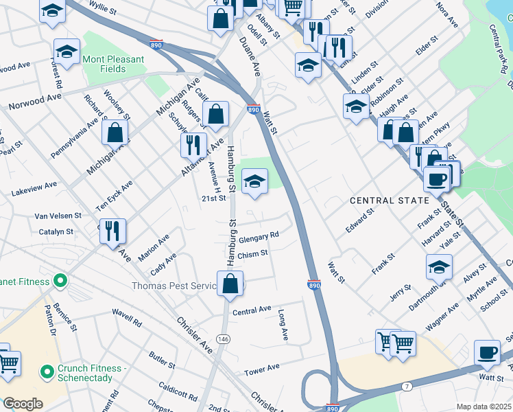 map of restaurants, bars, coffee shops, grocery stores, and more near 1 Genium Plaza in Schenectady