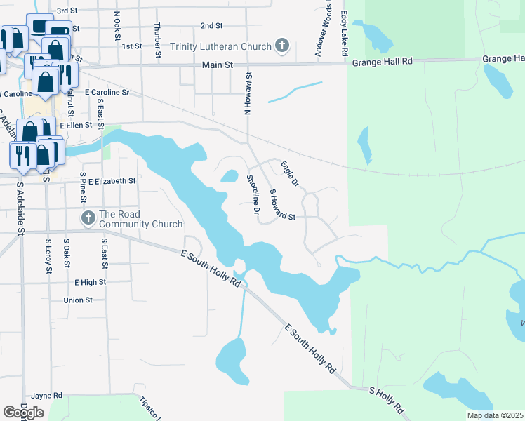 map of restaurants, bars, coffee shops, grocery stores, and more near 673 Shoreline Drive in Fenton