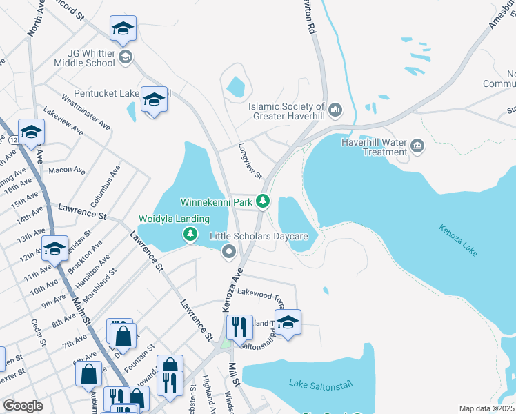 map of restaurants, bars, coffee shops, grocery stores, and more near 11 Midlake Street in Haverhill