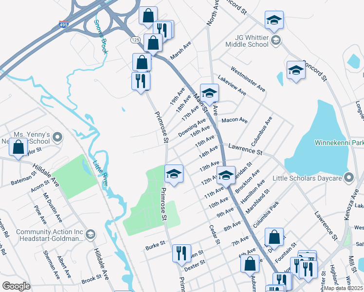 map of restaurants, bars, coffee shops, grocery stores, and more near 53 Downing Avenue in Haverhill