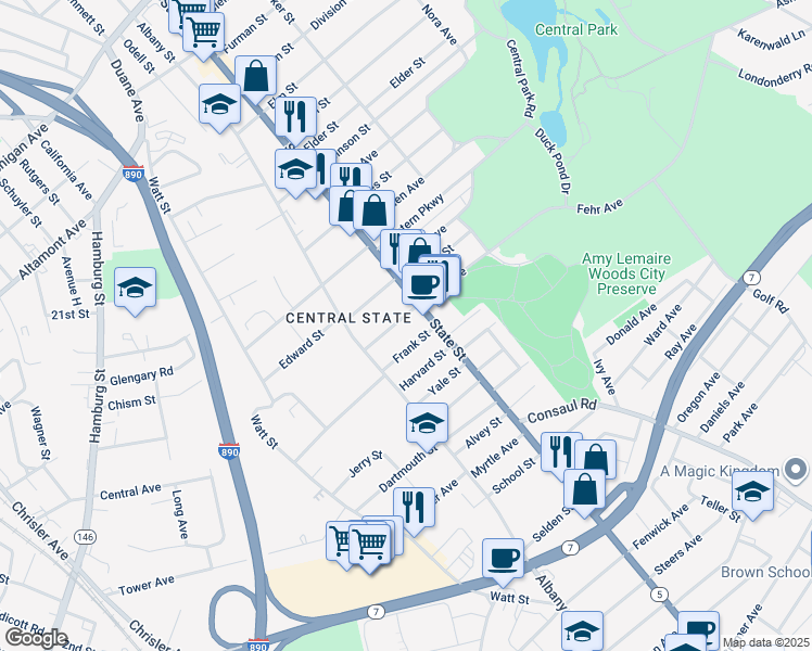 map of restaurants, bars, coffee shops, grocery stores, and more near 1487 State Street in Schenectady