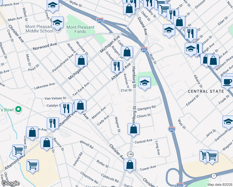 map of restaurants, bars, coffee shops, grocery stores, and more near 1742 Avenue M in Schenectady