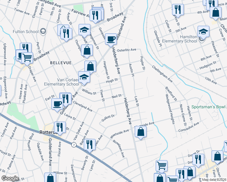 map of restaurants, bars, coffee shops, grocery stores, and more near 2030 Hugh Street in Schenectady