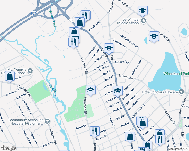 map of restaurants, bars, coffee shops, grocery stores, and more near 53 Downing Avenue in Haverhill